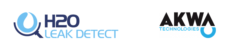 Logos of H2O Leak Detect and AKWA Technologies. H2O Leak Detect logo features a magnifying glass with a water droplet and blue text; AKWA Technologies logo uses bold black and blue letters with a water droplet underlining AKWA.