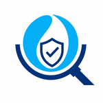 A blue magnifying glass encircles a water droplet, which contains a shield with a checkmark in the center. The design suggests concepts of water safety, quality inspection, or protection.