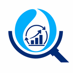 A blue magnifying glass surrounds a water droplet. Inside the droplet is a bar graph with three ascending bars and upward-pointing arrows, symbolizing data analysis or growth in water-related fields.